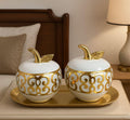 Luxury Ceramic Apple Storage Jar & Tray Set - Glossy White & Glided Gold (3-piece set)