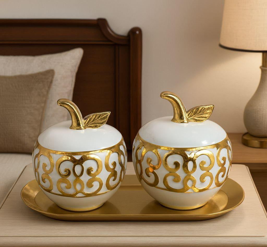 Luxury Ceramic Apple Storage Jar & Tray Set - Glossy White & Glided Gold (3-piece set)