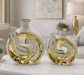 Luxury Hollow Ceramic Feather Vase Set - Glossy White & Electroplated Gold (2-piece set)